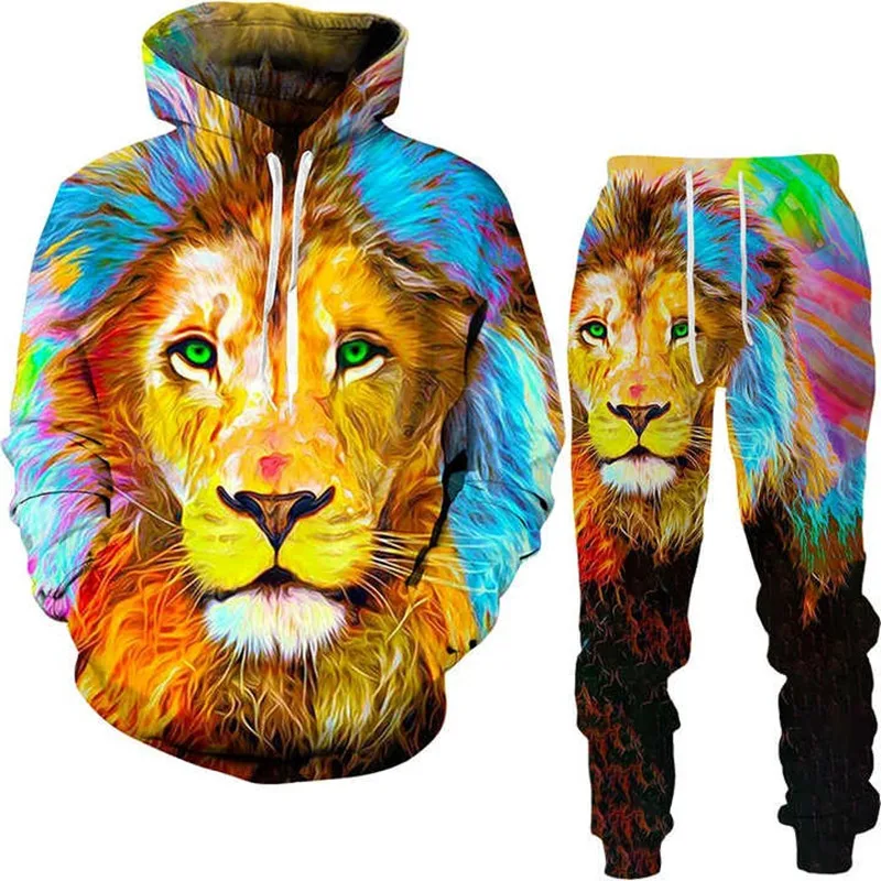 

2022 Harajuku New Long-sleeved Trousers Animal Lion Wolf Pattern Printed Hooded Sweater White Spring and Autumn Casual Suit