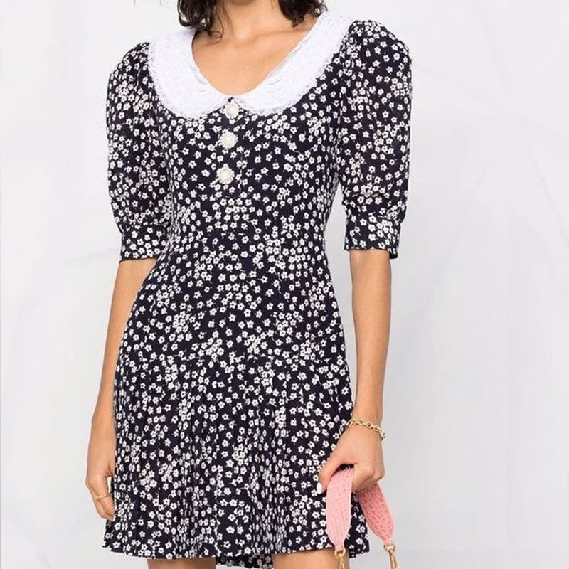 

2022 New Flower Print Lace Edge Doll Collar Bubble Sleeve Short A-line Dress