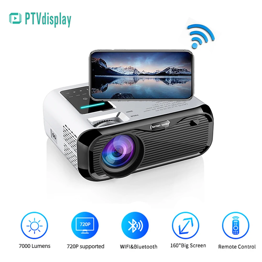 

PTVDISPLAY E500H Portable Projector LED Movie Video Beamer 4K Full HD 7000Lumens Android9.0 for Home TV Home Theater Projectors