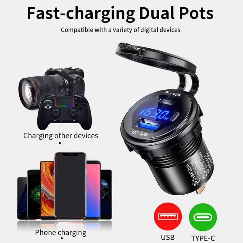 Металлическая розетка для автомобильного зарядного устройства Fast Charge 3.0 и PD Type C45W