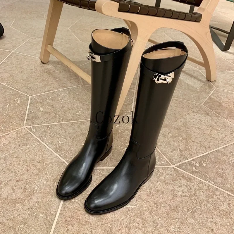 

2023 Thigh High Boots Brown Women Vintage Leather Square Heel Knee Height Buckle Boot Keep Warm Round Toe Shoes British Style