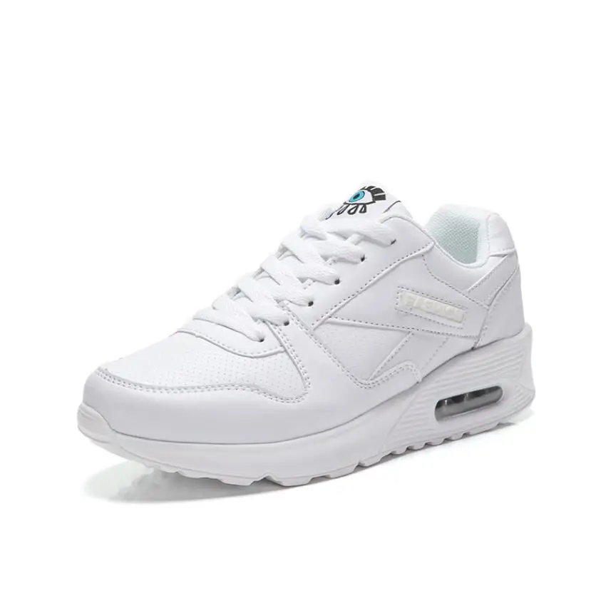 Women Fashion Sneakers Air Cushion Sports Shoes PU Leather Black Shoes Lace-up Outdoor Walking Jogging Shoes Female Trainers