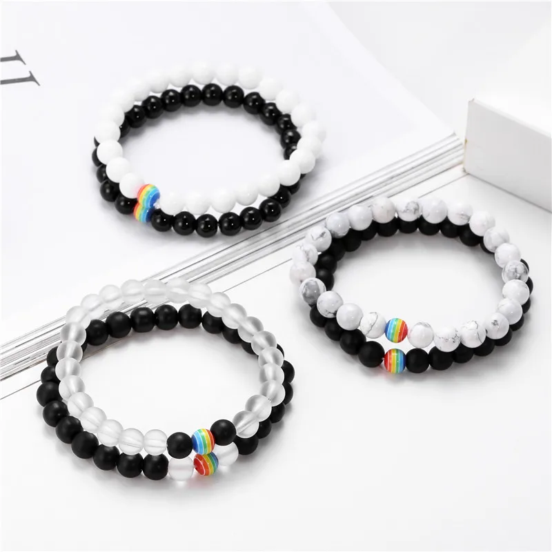 

Fashion Niche Design Simple Trend White Pine Lava Stone Seven Colored Beads String Elastic Bracelet Bracelet Set for Men