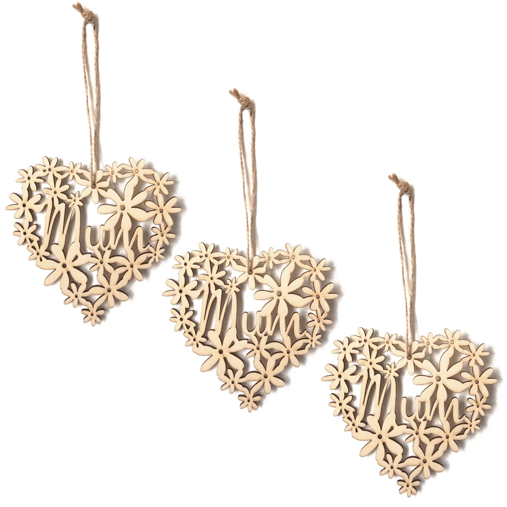 

3 Pieces Wooden Letters Wall Hanging Love Heart Shape Unfinished Signs Hollow Design Mother's Day Decorative Props