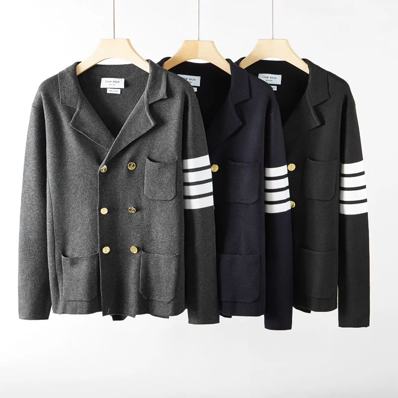 

TB suit jacket women's Korean version of knitted wool four-bar striped double-breasted small suit men's autumn and winter