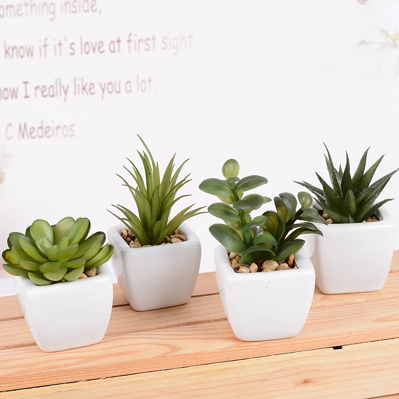 1pc Artificial Green Succulent Plants Fake Simulation Bonsai with Square Pots Decorative Mini Plants Home Office Desktop Decor