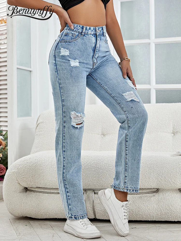 

Benuynffy рваные джинсы с высокой талией для женщин 2023 Повседневная Уличная одежда бойфренд Мамины джинсовые брюки женские прямые длинные брюки