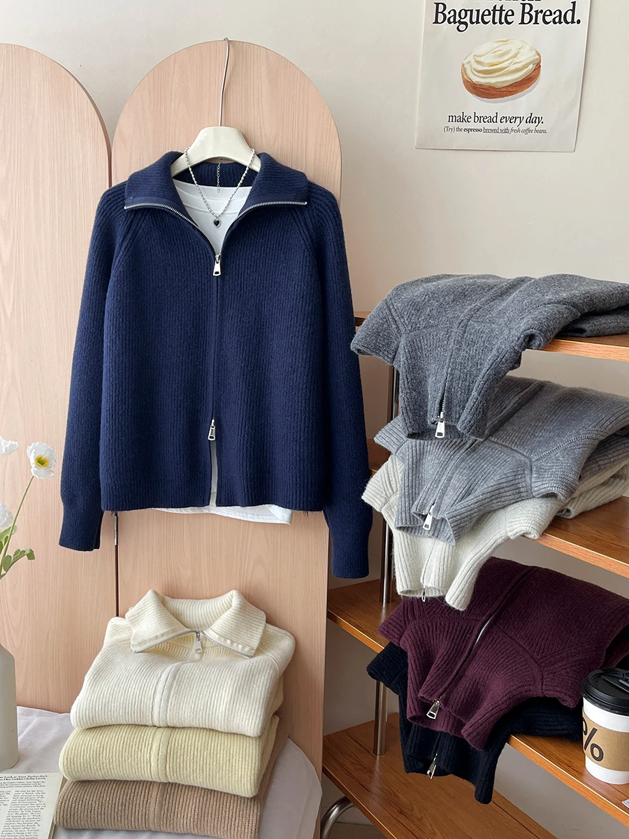 Японский и корейский простой ретро-свитер с двойной молнией воротником-стойкой в