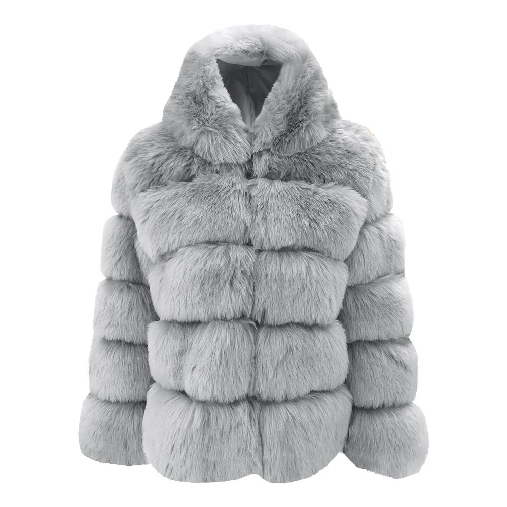 Women's Winter Thickened Imitation  Fur Coat Women's Mid-Length Imitation Fox Fur Jacket Hooded Artificial Fur Faux Fur Coat