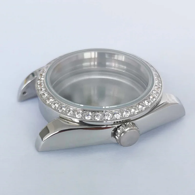 Transparent back cover 36mm Sapphire Crystal Stainless Steel Two Tone Watch Case Diamond Bezel Fits For 20MM Strap