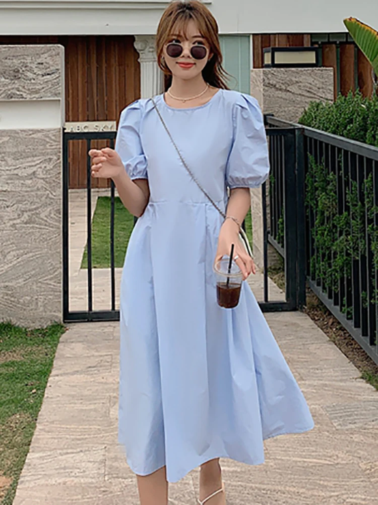 

Summer Blue Cotton Short Sleeve O-Neck Midi Dress Women Simple and Elegant Formal Dress 2023 Whtie Fashion Casual Party Vestidos