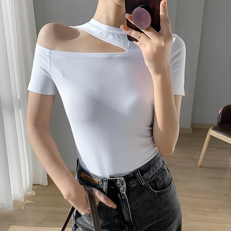 

Cotton Women's T-shirt Summer Skinny Top Solid Short Sleeve White Sexy Tees Fashion O-Neck Hollow Out Female Clothes Streetwear