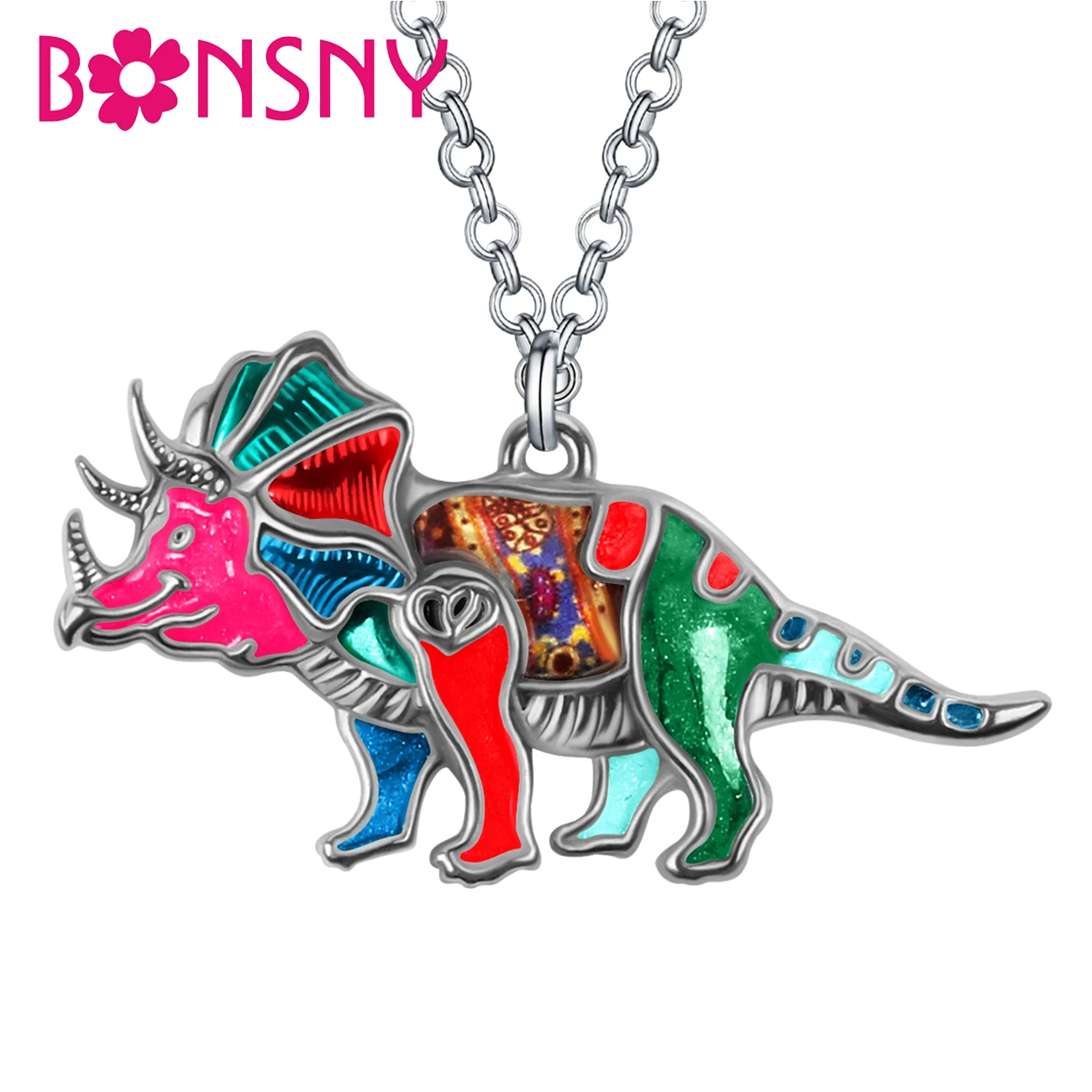 

BONSNY Enamel Alloy Floral Cute Big Jurassic Triceratops Dinosaur Necklace Pendant Chain Jewelry For Women Men Child Charms Gift