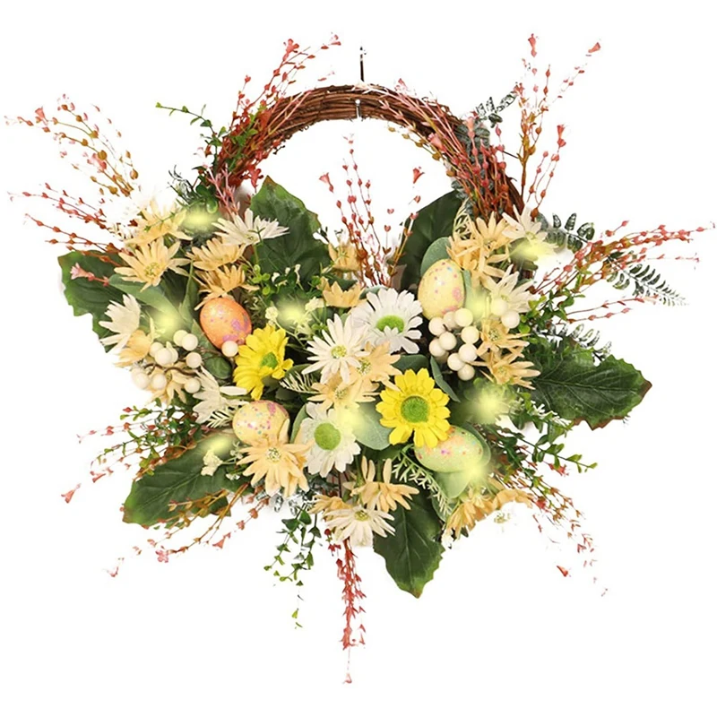 

JFBL Hot Easter Egg Daisy Floral Wreaths For Front Door,19.7Inch Pre-Lit Pastel Eggs White Berries Spring Greenery Wreath