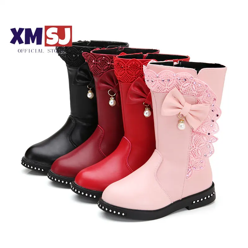 Girls Boots Winter 2023 New High Boots Children Single Boots with Cotton Parent-child Shoes Mother Shoes Sweet Bow-knot Cute enlarge