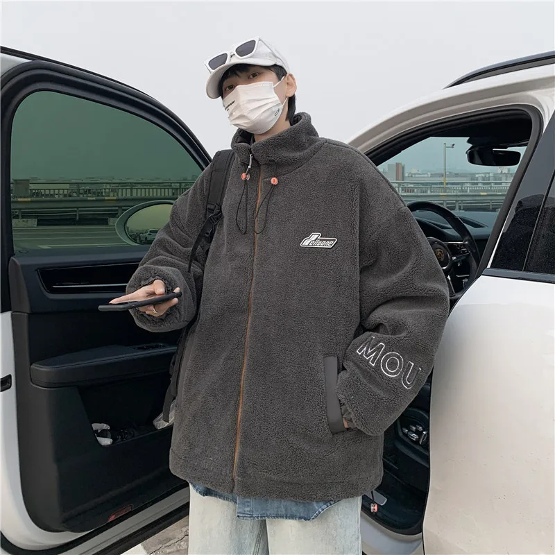 2022 Fashion Winter Coat Men's Jacket Casual Bomber Jacket Stand Collar Zip Up Faux Shearling Shaggy Oversized Shacket Jacket