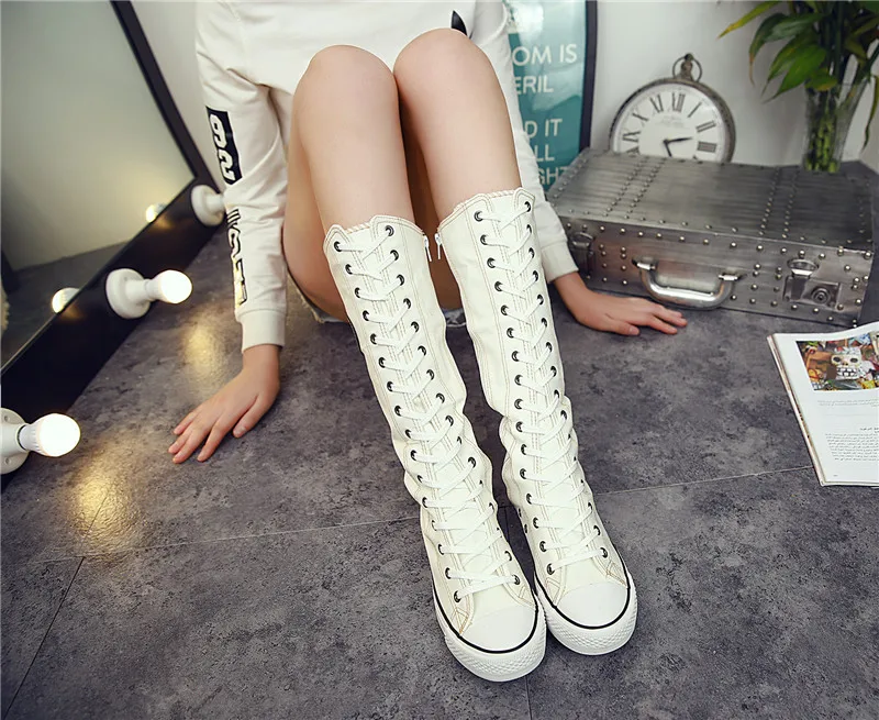 2021 New Spring Women Canvas Casual High Top Shoes Long Boots Lace-Up Zipper Comfortable Flat Female Autumn High Boots Sneakers