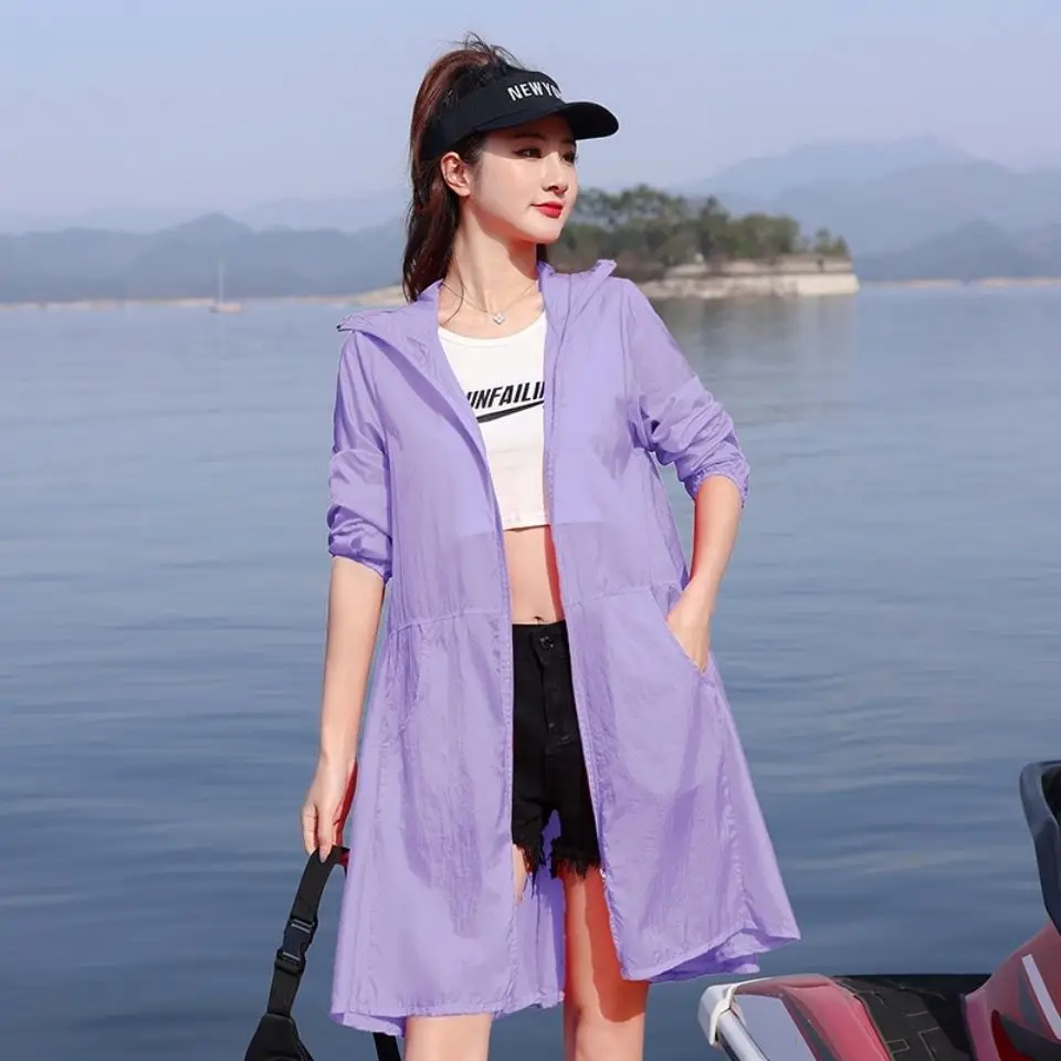 

Women 2022 Summer New Sun Protection Clothing Female Thin Breathable Jackets Ladies Solid Loose Hooded Coats E130