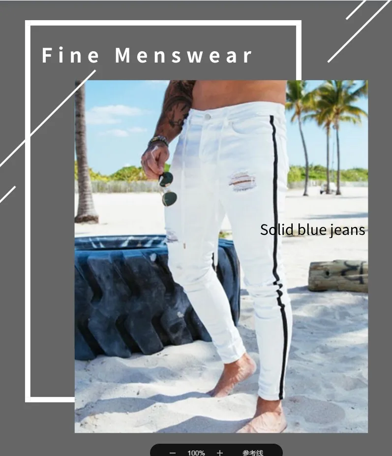 Fashion Casual White Ripped Jeans For Men Jeans Pants Slim Skinny Stretch Denim Pants Man Elastic Waist Jogging Denim Trousers