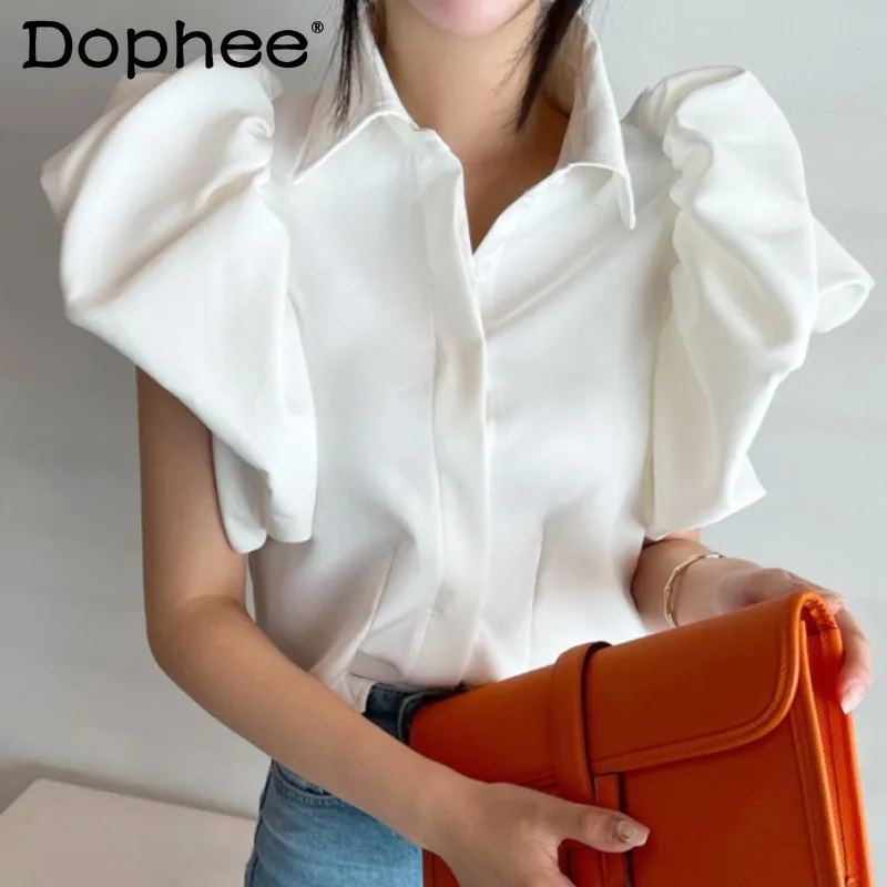 

Korean Chic 2022 Summer New Button Up Shirt Palace Style Puff Short Sleeve Lapel Blouse Women Fashion All-Match White Blusas Top