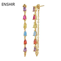 enshir colorful zircon drop tassel earrings for women gold plated silver color tassel chain earrings jewelry wholesale