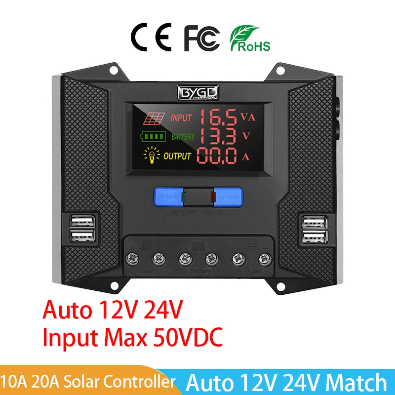 Controlador de Carga Solar 12v 24v Pwm pv Controlador de Carregamento Regulador hd Tela Colorida com Peças Porta Usb 10a 20a 30a 40a
