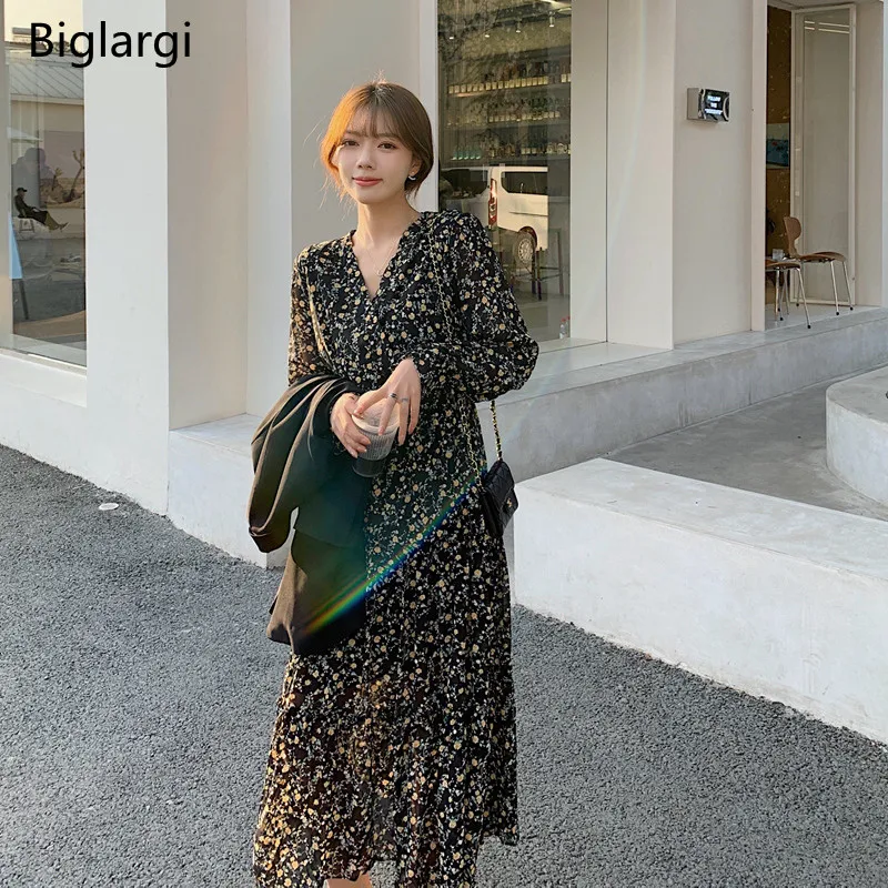 

Chiffon Dress Women Floral Korean Style Long Sleeve Casual Office Ladies Dresses Flower Modis 2022 Fashion Spring Dress Woman