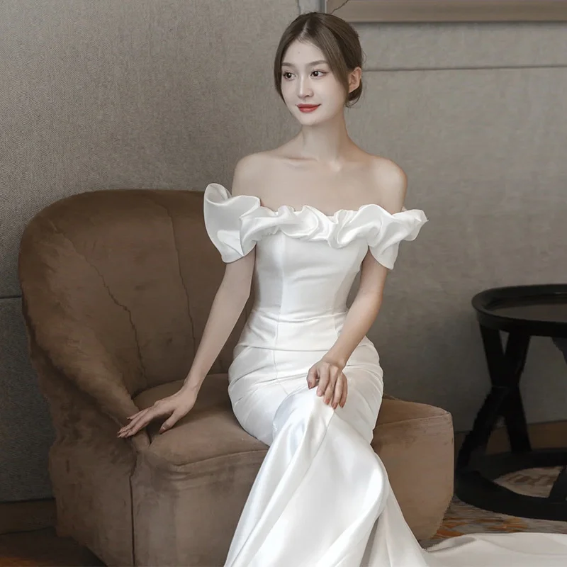 

Formal Occasion Dresses Bride Dresses Korean-style One-shoulder Wedding Dress Bridal Waist Fishtail Satin Gauze Summer