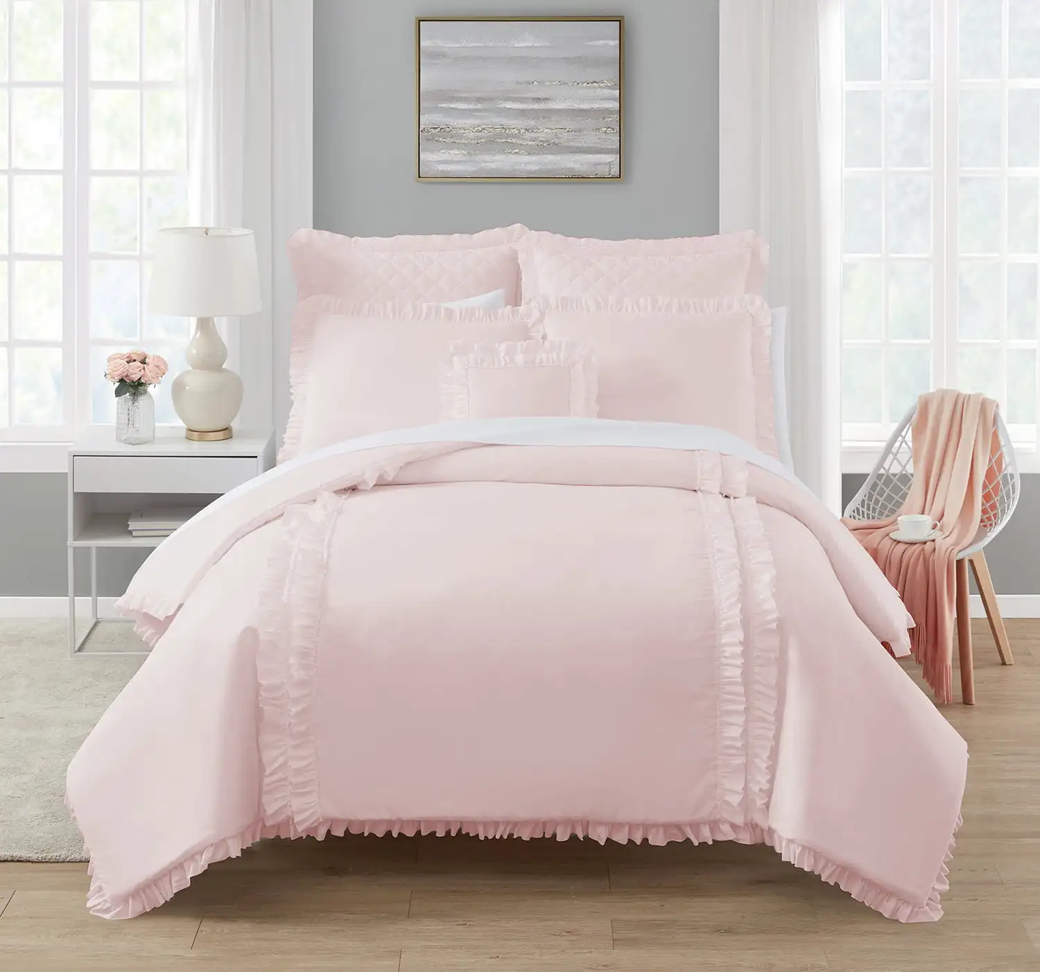 

Simply Shabby Chic Pink Ruffle 4-Piece Soft Washed Microfiber Comforter Set, Full/Queen