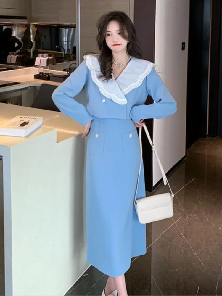 

Women Spring New Korean Fashion Two Pieces Sets Vintage Ruffles Short Jackets+High Waist Midi Skirts Sets Office Ladies Suits