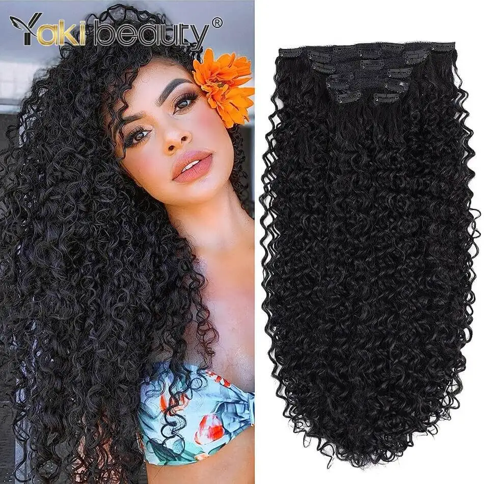 26'' Synthetic Jerry Curly Clip In Hair Extension Double Weft Full Head Japanese Organic Ice Silk Hairpiece Black Brown 140g