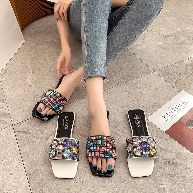 

Foreign Trade Large Size Colorful One-word Slippers Women's Outer Wear 2022 Summer New Flat Bottom Non-slip Beach Sandals