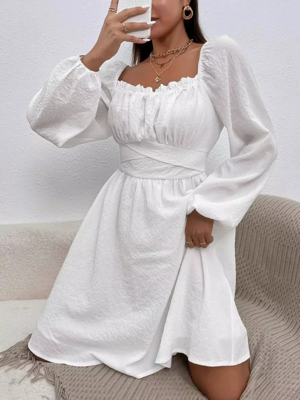 

Summer New dress Evening dresses for women 2022 Boho Tie Neck Mini Sexy White Women Elegant Puff Sleeve Y2k Casual Party Beach