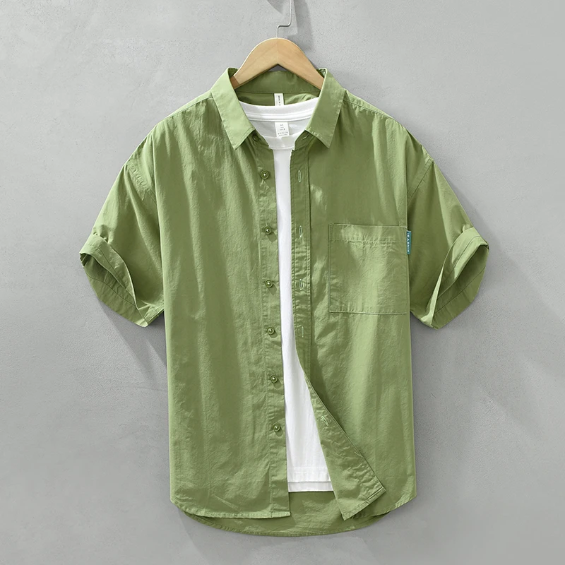 

100% Cotton Solid Color Shirt for Men Summer New Short Sleeve Loose Tops Male Turn-down Collar Button Up Shirt