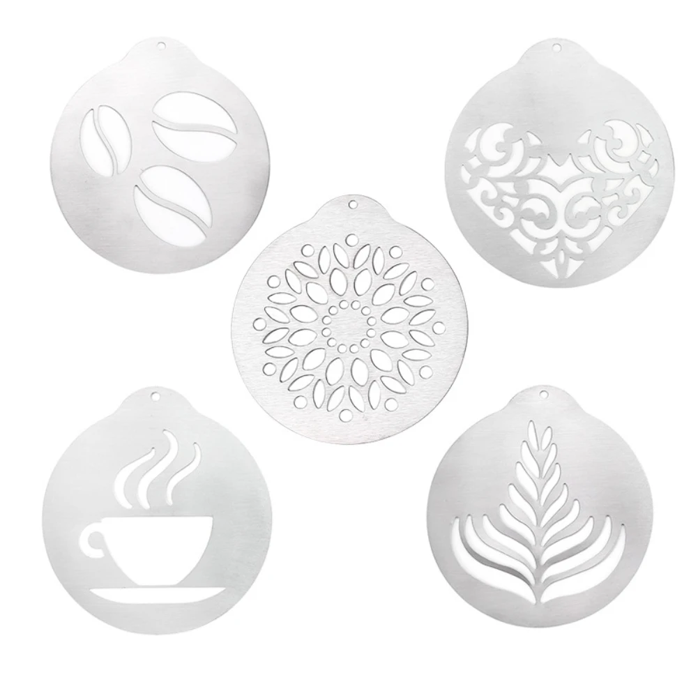 5Pcs Stainless Steel Mold Coffee Milk Cake Cupcake Stencil Template Coffee Barista Cappuccino Template Strew Pad Duster Spray images - 6