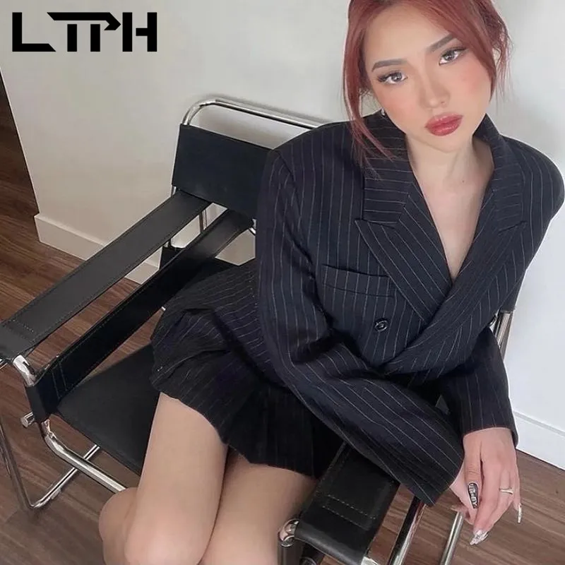 LTPH stripe outfits two piece set women small blazer high waist pleated skirt suits ins streetwear vintage casual 2023autumn new