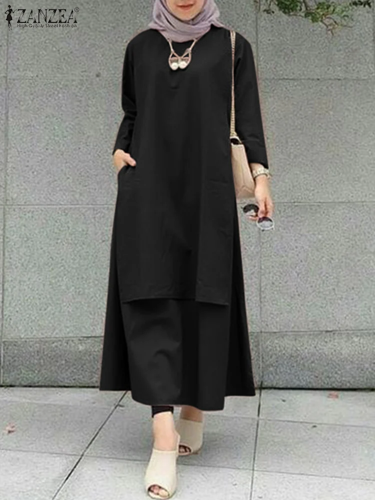 Халат ZANZEA женский с длинным рукавом, мусульманская Абая, кафтан с круглым вырезом, модное повседневное элегантное однотонное платье в стиле...