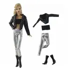 Наряды для куклы Барби 11,5 дюйма, черное кожаное пальто, куртка, майка, сапоги, серебряные брюки, Одежда для куклы Барби 16, аксессуары для кукол BJD, игрушки