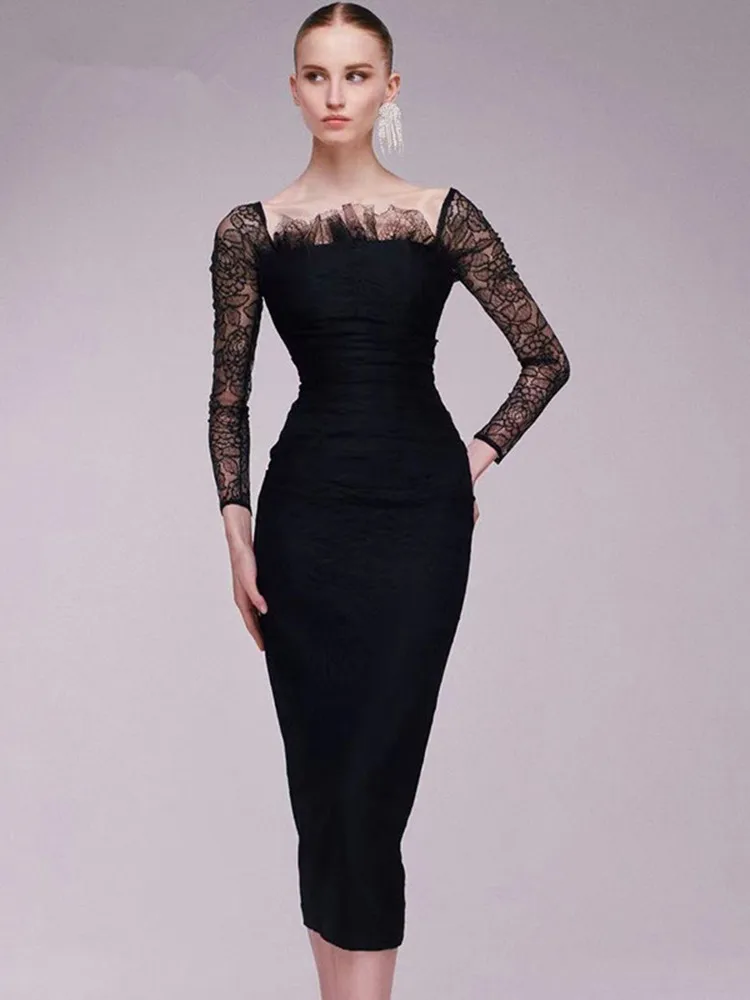 New Women Winter Sexy Long Sleeve Black Lace Midi Bandage Dress 2022 Elegant Evening Club Party Dress