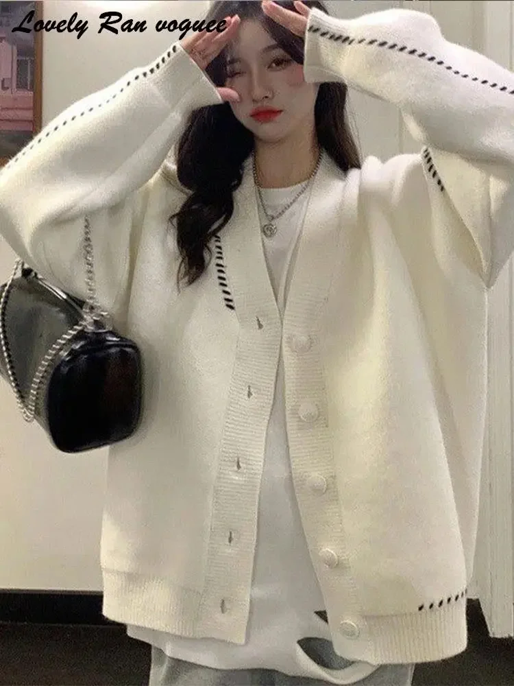 

Casual Knitted Cardigan Women Contrast Braided Stripe Long Sleeve Female Sweater 2023 Autumn All-match Single-breasted Coat