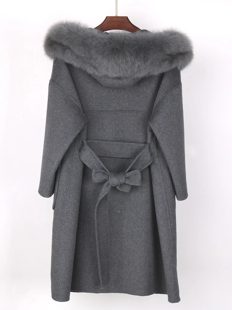 FURYOUME Winter Jacket Women Real Fur Coat Natural Fox Fur Collar Hooded Overcoat Cashmere Wool Blends Oversize Lady Outerwear