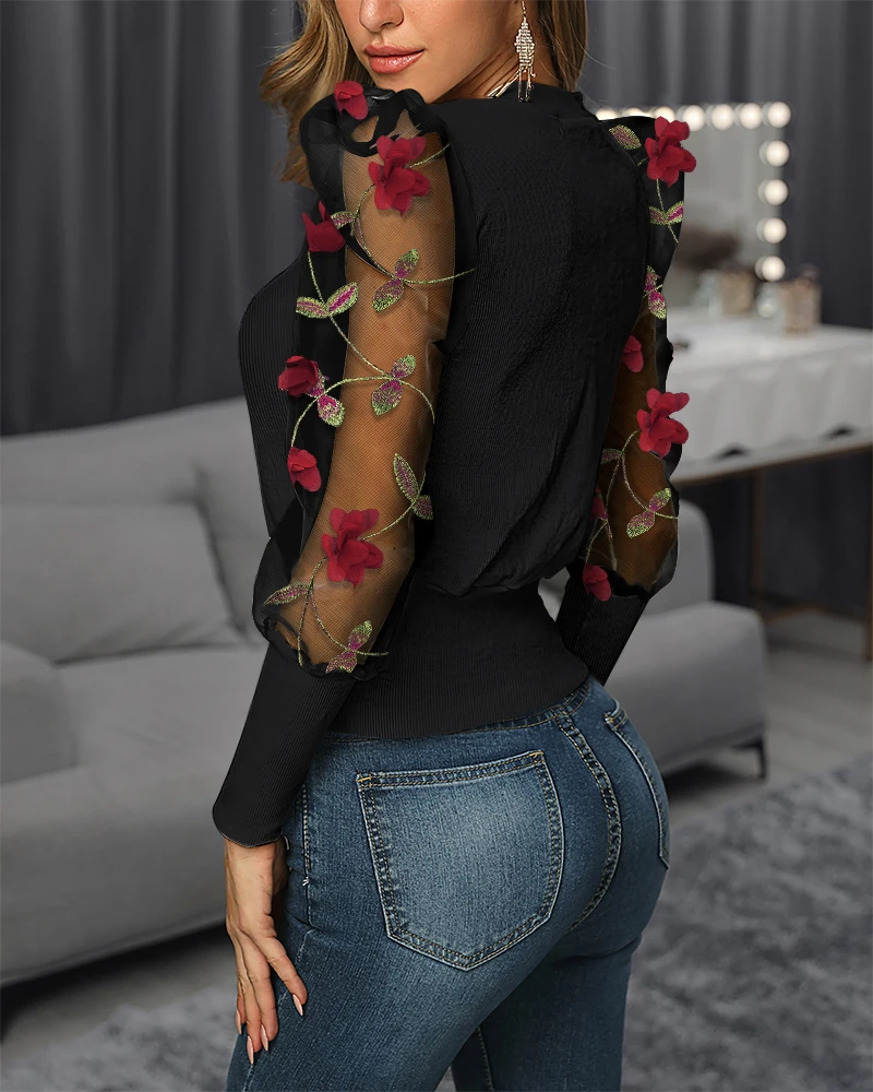 2024 женская блузка с цветочным узором и вышивкой круглым вырезом пышными рукавами