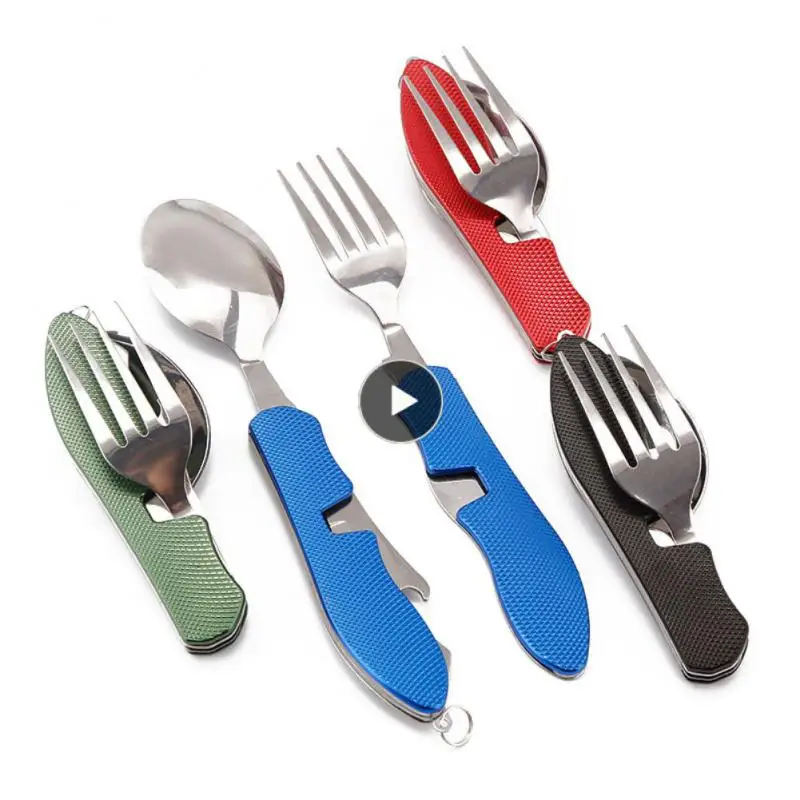 

Camping Utensils Detachable Eating Flatware Tableware Stainless Steel Foldable Knife Fork Portable 4 In 1 Travel Utensil