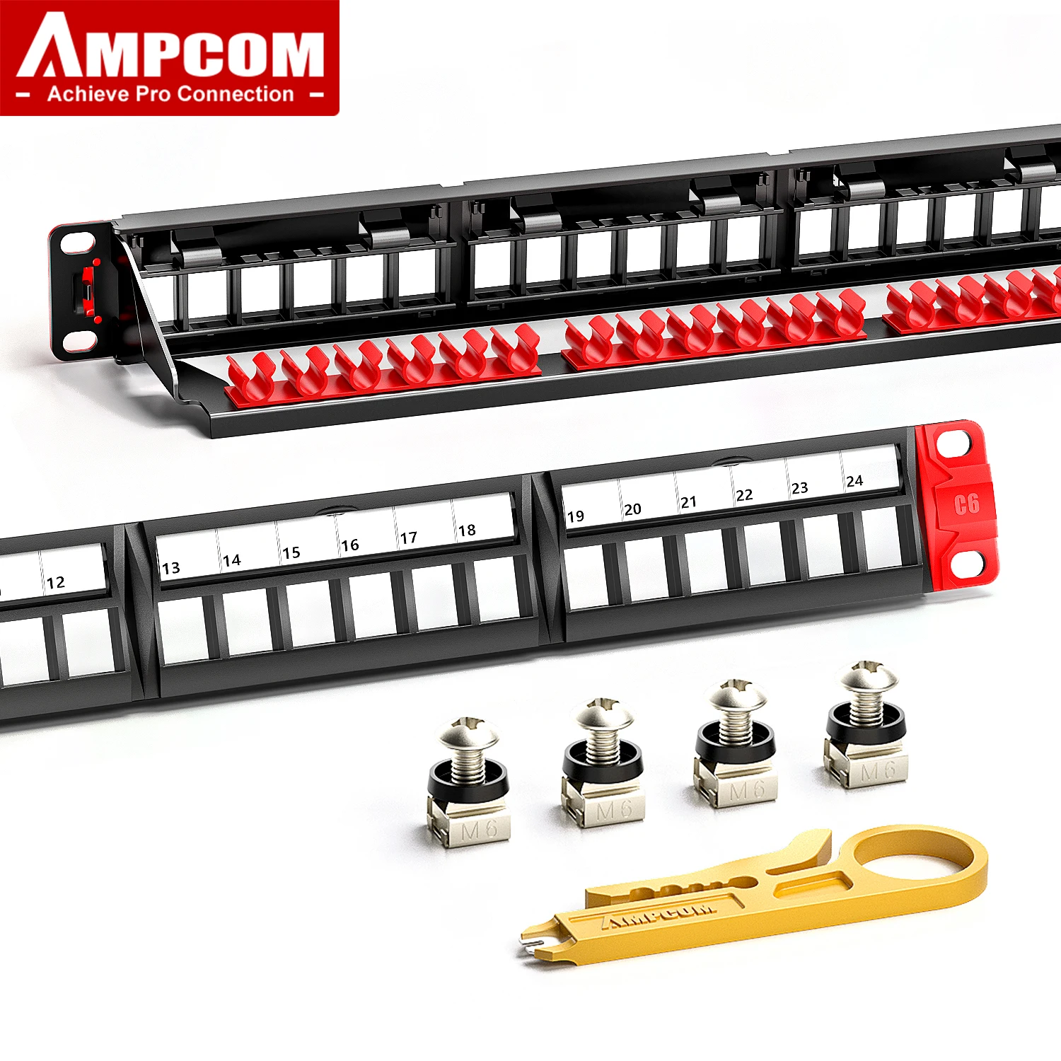 Фото Пустая патч-панель AMPCOM Keystone, 1U, 24 порта, RJ45, UTP, съемное крепление без инструментов в стойку с задней планкой для CAT5E/6/7/8 №1