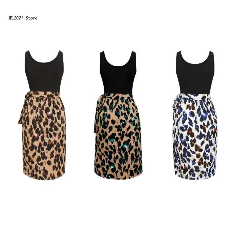 

Womens Sleeveless O-Neck A-Line Ribbed Colorblock Leopard Tie Waist Midi Dress