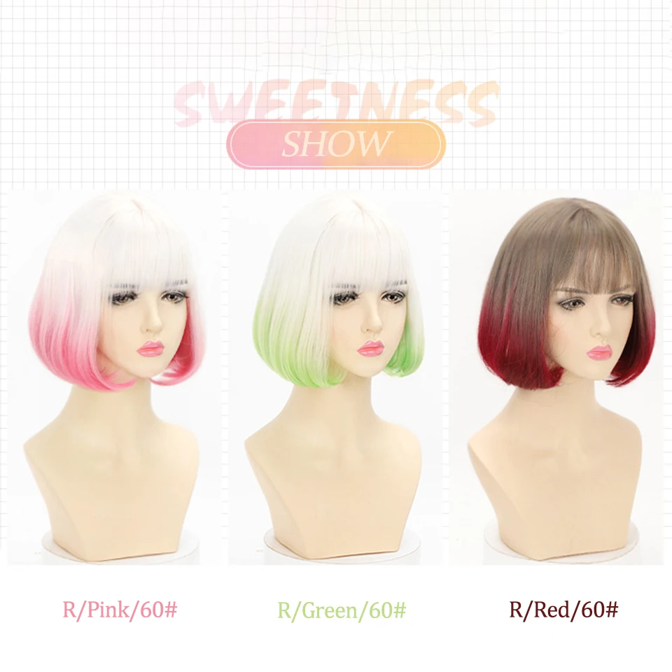 DIFEI Synthetic Hairpiece White Ombre Pink Green Wig Female Short Bob Christmas Party Cosplay Heat Resistant Wigs For Women