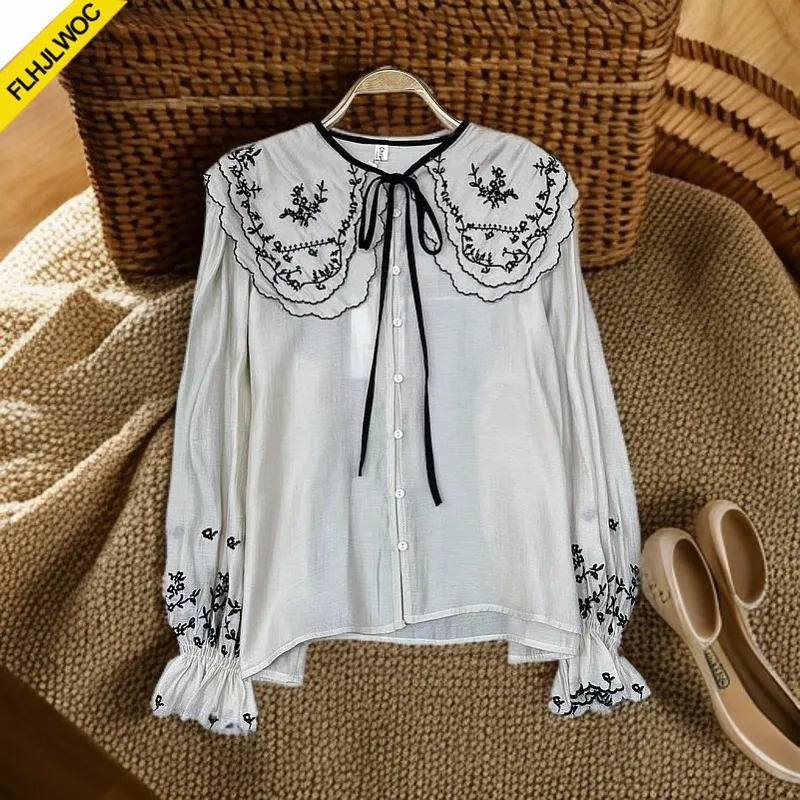 Женские топы Mori Girls из Южной Кореи, милые, нежные, хлопковые, с вышивкой, в стиле преппи, винтажные, с воротником Питер Пэн, тонкие рубашки-блузки FLHJLWOC (art.: 3920dc628693a) - 3920dc628693a