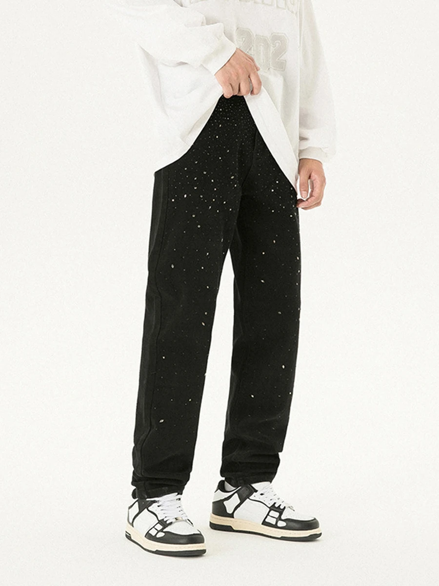 European and American High Street Starry Black Jeans Men Elastic Loose Straight Tube Hot Drill Trousers Fashion Men Ins Hot Sale