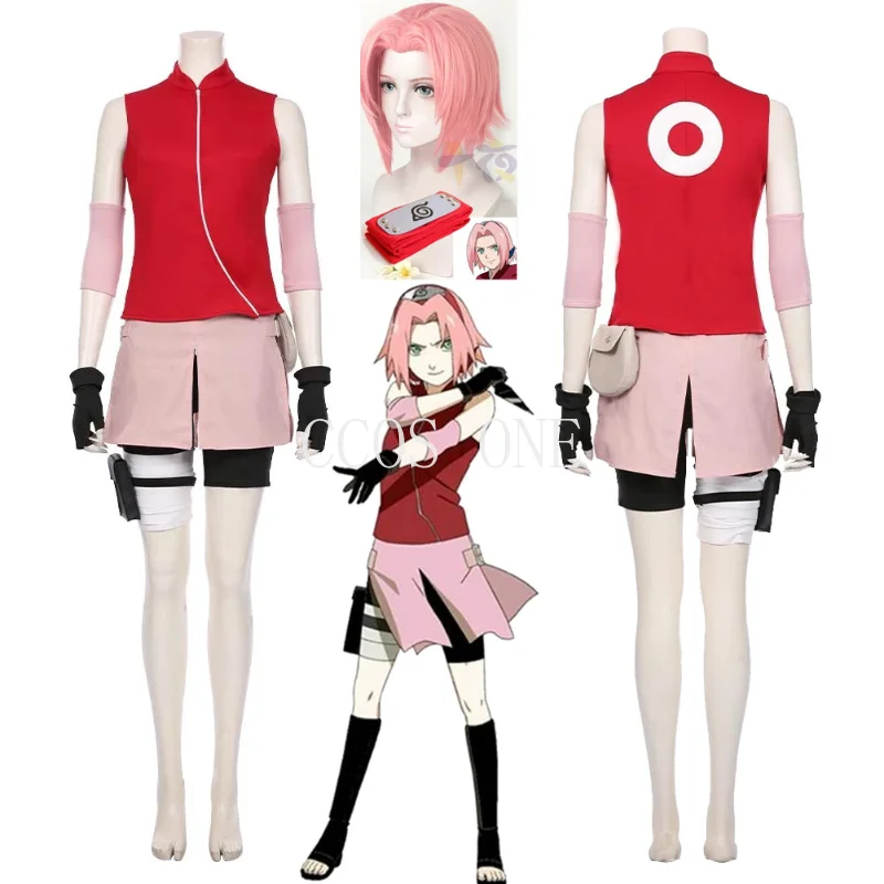 

Kostum Cosplay Anime Haruno Sakura Pakaian Rok Anak Perempuan Wanita Wig Kostum Karnaval Halloween