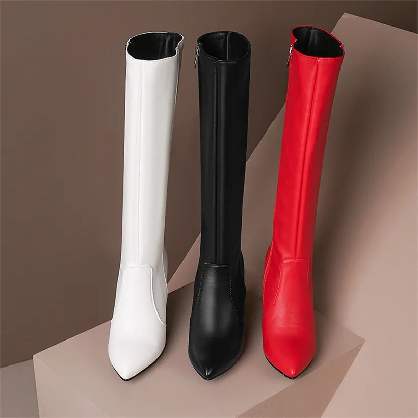 Big Size Women Knee High Boots Black White PU Thin Stiletto Heel Sexy Club Party Office Lady Pointed Toe Plush Zipper Long Boots